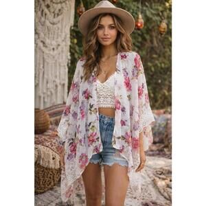 Floral Lace-Trim Kimono Cover-Up - White & Pink
